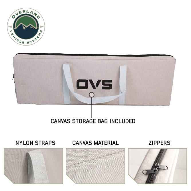 Image of OVS Kick It bi-fold camp table canvas storage bag with carry handles and zipper closure, shown with material detail callouts on a white background.