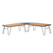 Image of modular folding camp table system with light wood tabletops and black metal legs arranged in an angled multi-panel layout, front and side view on white background.