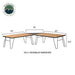Image of modular folding camp table system with light wood tabletops and black metal legs showing fully assembled dimensions, angled front and side view on white background.
