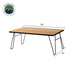Image of single folding camp table with light wood tabletop and black metal legs showing size dimensions, angled front and side view on white background.
