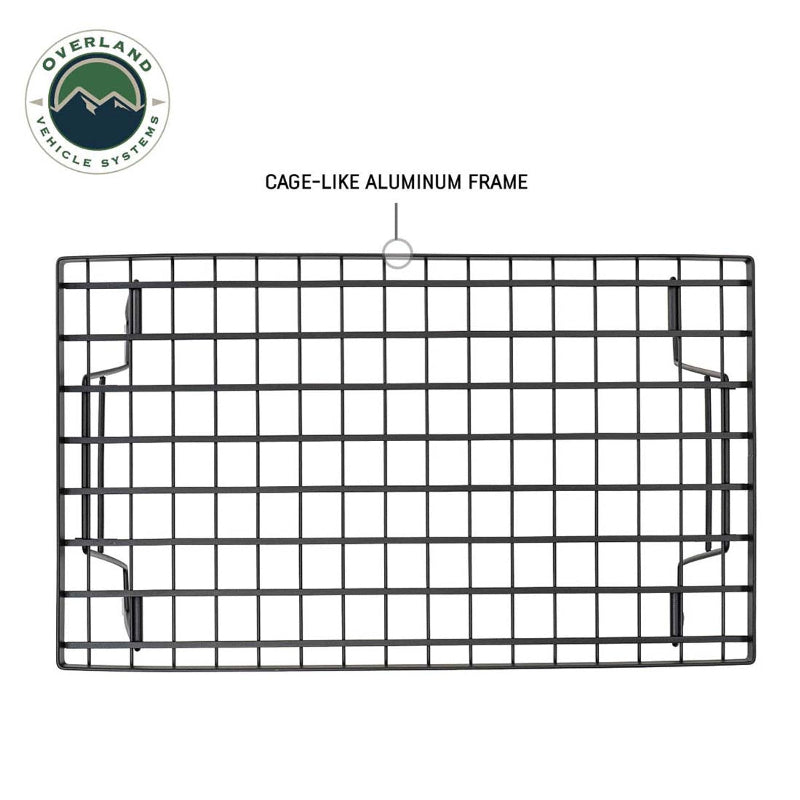 Image of collapsible camp table cage-style aluminum frame, black metal grid construction shown in top-down view on white background.