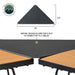 Image of modular triangular connector panel joining two collapsible camp tables, black aluminum insert shown with dimension callouts and close-up connection detail on white background.