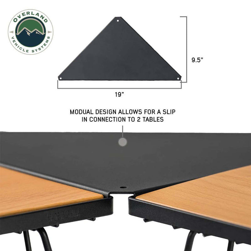 Image of modular triangular connector panel joining two collapsible camp tables, black aluminum insert shown with dimension callouts and close-up connection detail on white background.