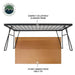 Image of collapsible camp table with compact black aluminum frame and bamboo wood tabletop, underside grid and foldable legs visible, centered product view on white background.