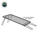 Image of collapsible camp table aluminum frame with open grid surface and fold-out legs extended, angled side view showing compact storage design on white background.