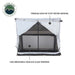 A straight-on view of the OVS ground tent highlights its features, with callouts for "Premium 420D Rip Stop Oxford Material" and "120G Breathable Fadeless Glaze Windows." The tent's front entrance is open, revealing the mesh windows