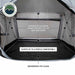 A view of the tent's interior from the entrance, highlighting its features. The image points out the integrated aluminum frame, waterproof PVC floor, and that it "Sleeps Up to 4 People Comfortably"