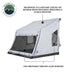 An angled front and side view of the OVS ground tent highlights its waterproof material. The image points out the "Waterproof Polyurethane Coating" and "120G Breathable Fadeless Glaze Windows."