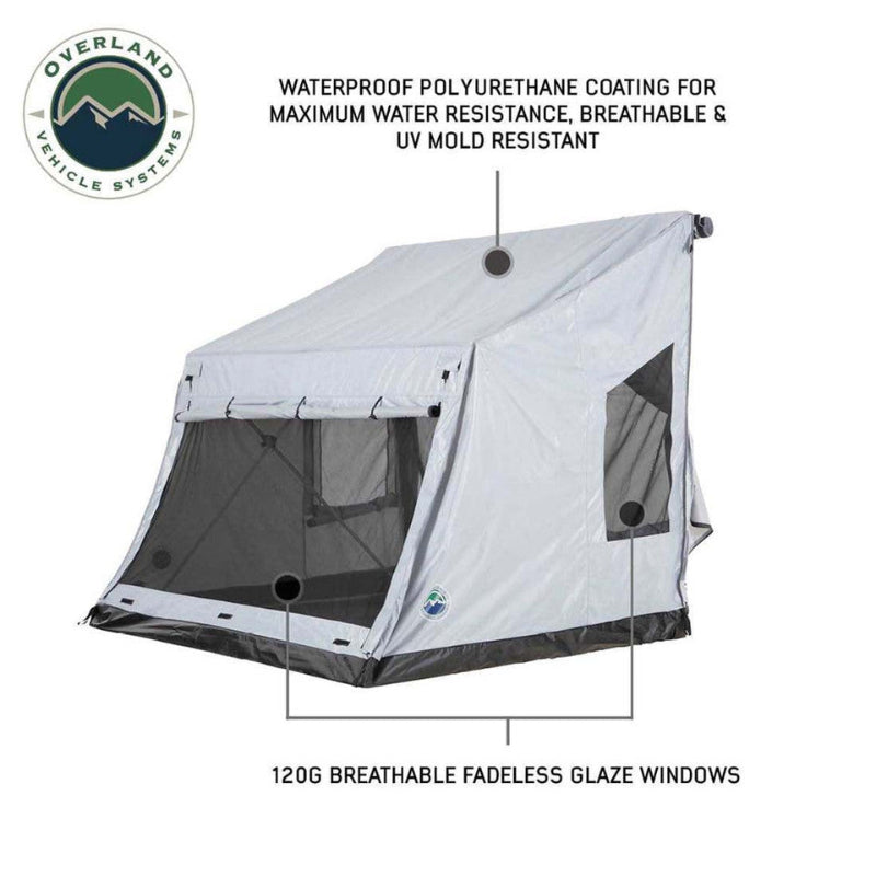 An angled front and side view of the OVS ground tent highlights its waterproof material. The image points out the "Waterproof Polyurethane Coating" and "120G Breathable Fadeless Glaze Windows."