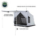 An angled front and side view of the OVS ground tent with an integrated awning, highlighting its key features. The image points out the "Premium 420D Rip Stop Oxford Material," "Integrated Awning for Added Coverage," and "Telescoping Poles."
