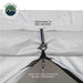 A close-up shot of the OVS ground tent's zipper system, highlighting its durability and design. The image points out the heavy-duty SBS zippers for reliable performance and the zipper hooks used to keep the flap open