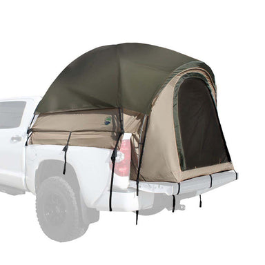 Image of a pickup truck bed tent fully installed on a white pickup, olive green and tan fabric with arched canopy, rear entry door visible, side and rear view on white background.