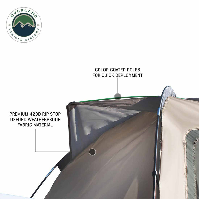 Image of a truck bed tent detail showing premium 420D ripstop weatherproof fabric and color-coded support poles, angled exterior close-up on white background.