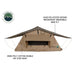 Image of the OVS TMBK 3-Person rooftop tent fully deployed, with a green waterproof rain fly over a tan poly-cotton ripstop body, shown from a front and side view on a white background