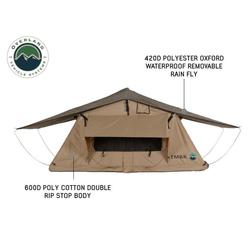 Image of the OVS TMBK 3-Person rooftop tent fully deployed, with a green waterproof rain fly over a tan poly-cotton ripstop body, shown from a front and side view on a white background