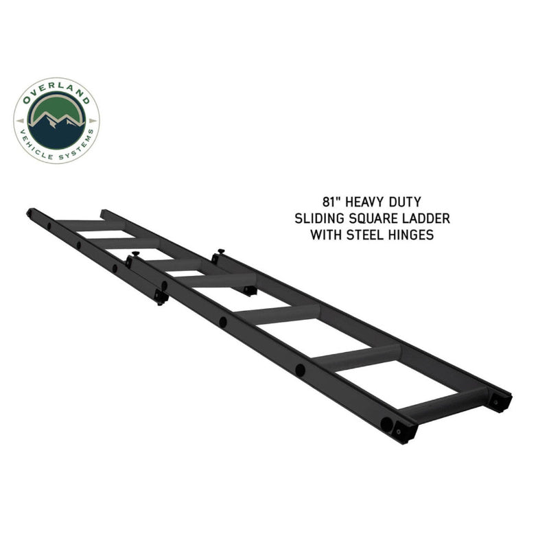 Image of the OVS TMBK rooftop tent's 81" heavy-duty sliding square ladder with steel hinges, shown from an angled view on a white background