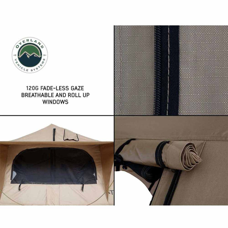 Image displaying details of the OVS TMBK rooftop tent, showcasing the 120G fade-less gaze breathable roll-up windows with close-ups of the window material and rolled-up feature