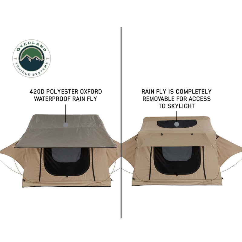 Image displaying two views of the OVS TMBK rooftop tent: on the left with the 420D polyester Oxford waterproof rain fly attached, and on the right with the rain fly completely removed to show access to a skylight