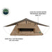 Image of a beige rooftop tent with a waterproof removable rain fly, detailing the 420D Polyester Oxford material of the rain fly and the 600D Poly Cotton Double Rip Stop Body.