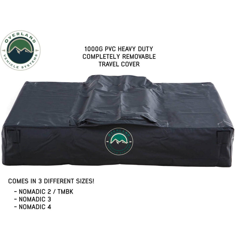 Image of a black 1000G PVC heavy-duty completely removable travel cover for a tent, with text indicating it comes in three different sizes: Nomadic 2 / TMBK, Nomadic 3, and Nomadic 4.