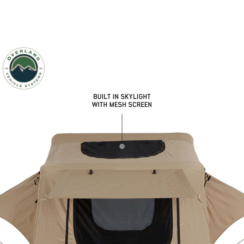 Image of a beige tent highlighting the built-in skylight with a mesh screen, designed for ventilation and stargazing.