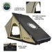 Image displaying the interior of an Overland Vehicle Systems tent, showcasing a high-density foam mattress and an overhead storage loft for accessories, bedding, and clothing. The tent walls are grey with black mesh accents