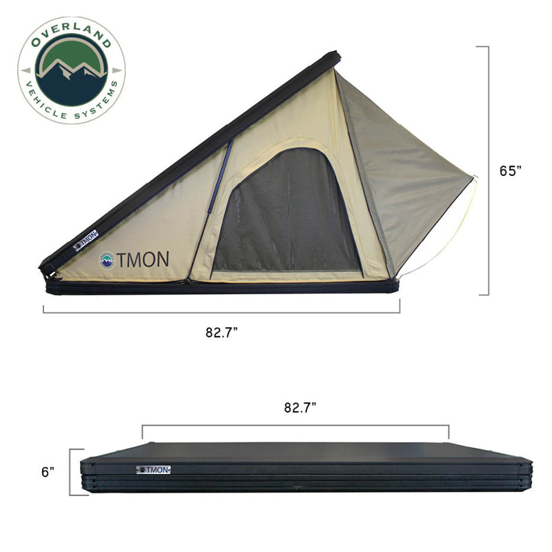 Image showing an olive green Overland Vehicle Systems roof top tent with dimensions of 82.7 inches long and 65 inches high when deployed, and 82.7 inches long and 6 inches high when closed, against a white background. The tent features a "TMON" logo on its side