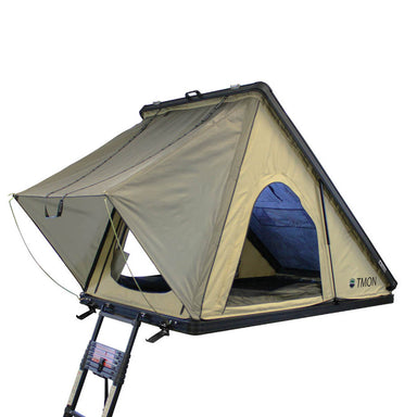 Image of black awning fabric, showing that all seams are heat sealed for added durability. Support poles are easily stored by Velcro around the aluminum arms