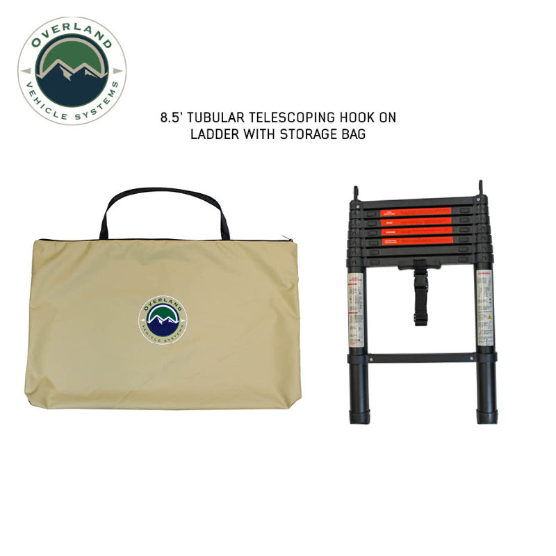 Image showcasing a beige 8.5-foot tubular telescoping hook-on ladder, neatly packed into its storage bag, for an Overland Vehicle Systems tent. The "Overland Vehicle Systems" logo is prominently displayed in the top left corner