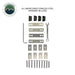 Image displaying all marine-grade stainless steel hardware included with an Overland Vehicle Systems product, laid out neatly on a white background. The kit includes various bolts, plates, and a wrench