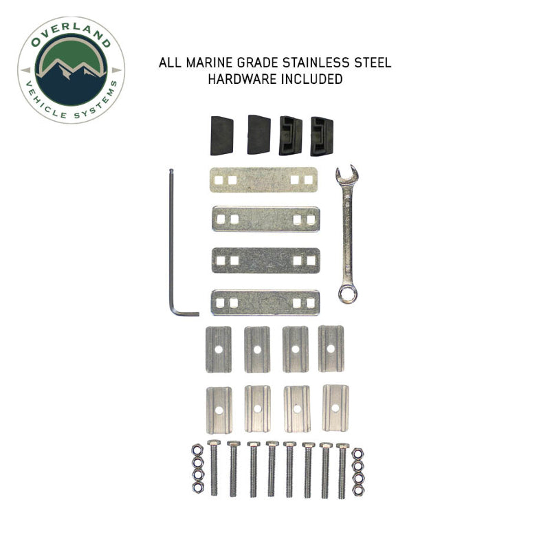 Image displaying all marine-grade stainless steel hardware included with an Overland Vehicle Systems product, laid out neatly on a white background. The kit includes various bolts, plates, and a wrench