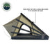 Image showcasing an Overland Vehicle Systems XD Nomadic 270 awning, made from 320G black rip stop material, partially deployed and featuring reinforced oversized hinges and heavy-duty rafters that eliminate the need for poles. The awning is shown from an angled front and side view on a white background