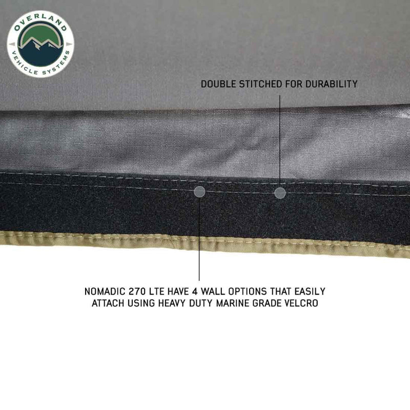 Image showing the double-stitched edge of an awning and the heavy-duty marine-grade velcro attachment point for wall options, with explanatory text.