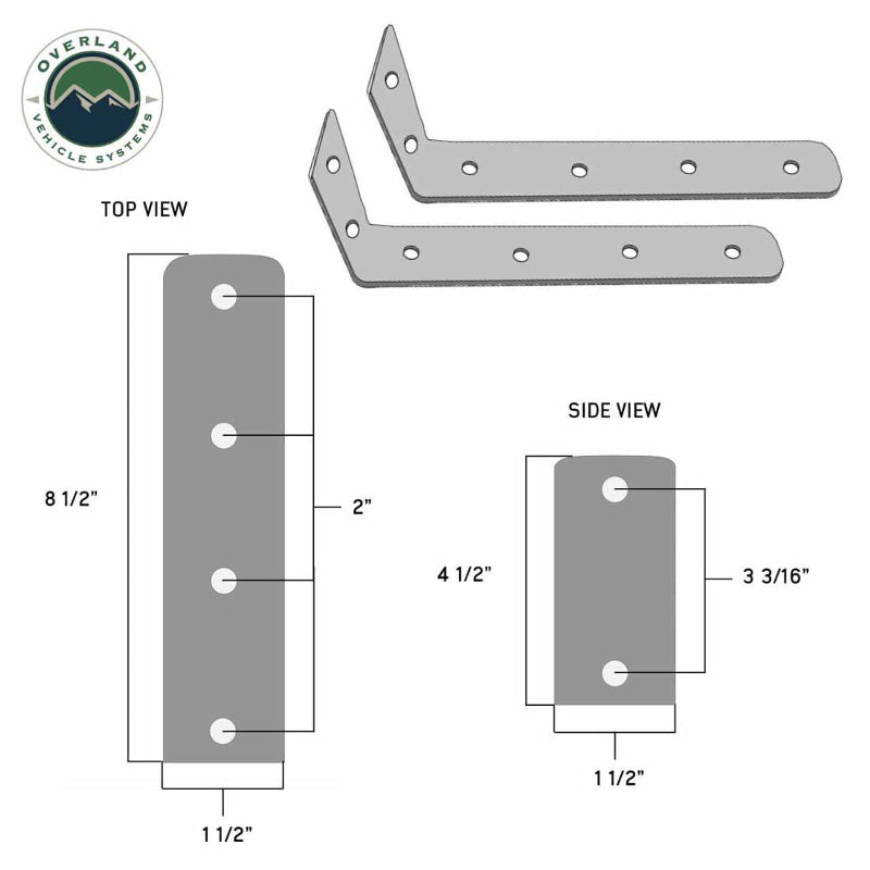 Image of two metal L-shaped brackets and two rectangular plates, with detailed measurements and labels for "TOP VIEW" and "SIDE VIEW" on a white background.