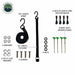 Image of various awning accessories, including a 115" length strap, a 16" length tie-down, 4 sets of shock cord with retention, 8 heavy duty ground stakes, 4 washers, 4 split lock washers, 4 screws, and 4 nuts, displayed on a white background.