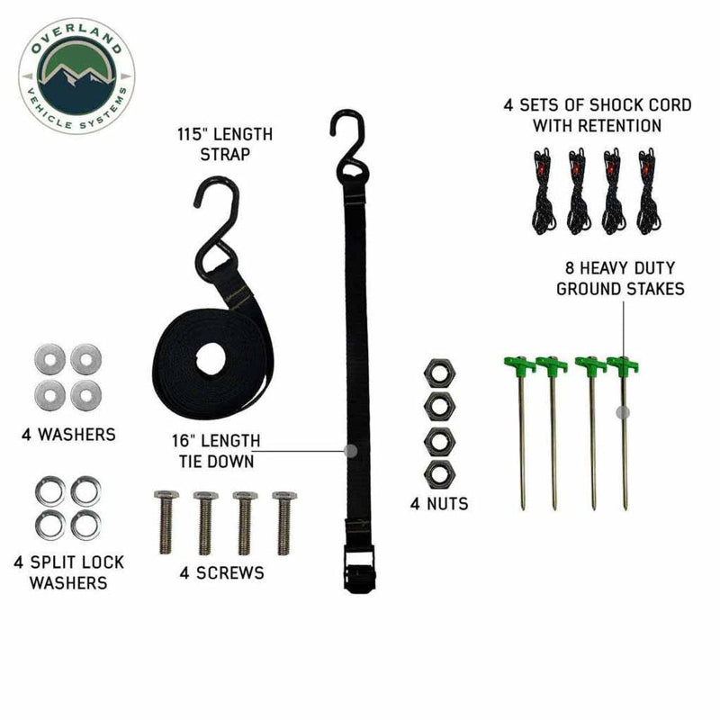 Image of various awning accessories, including a 115" length strap, a 16" length tie-down, 4 sets of shock cord with retention, 8 heavy duty ground stakes, 4 washers, 4 split lock washers, 4 screws, and 4 nuts, displayed on a white background.