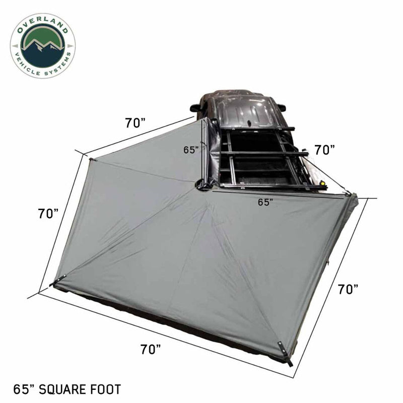 Image of a gray pickup truck with a fully deployed gray awning, showing various dimensions of "70"" and "65"" for the awning, labeled "65" SQUARE FOOT".