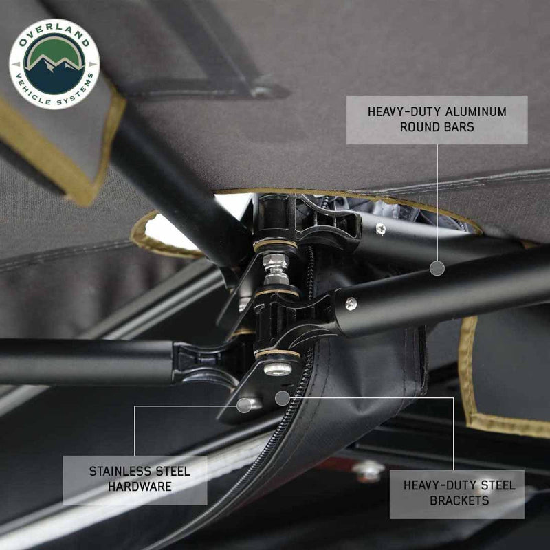 Image detailing the heavy-duty aluminum round bars, stainless steel hardware, and heavy-duty steel brackets of the awning's pivot mechanism.