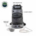 Image of Overland Vehicle Systems portable camp shower bag highlighting 500D construction, 23-quart capacity and heavy-duty plug seal, gray roll-top design with mesh pocket, hoses and shower head shown front view on white background