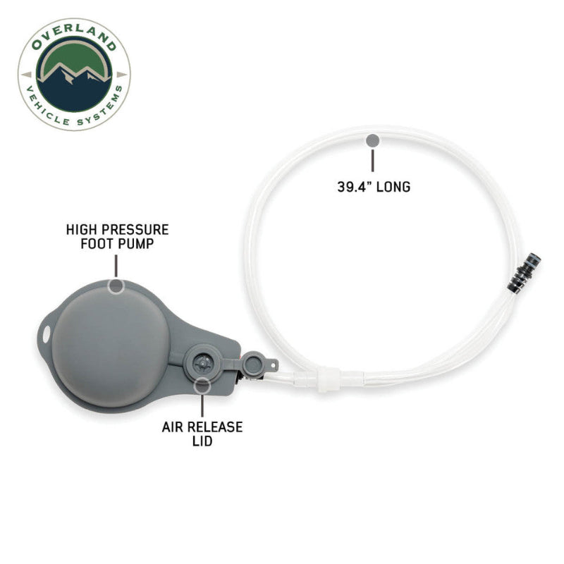 Image of Overland Vehicle Systems high-pressure foot pump with air release lid and 39.4-inch clear hose, gray compact design shown top and side view on white background