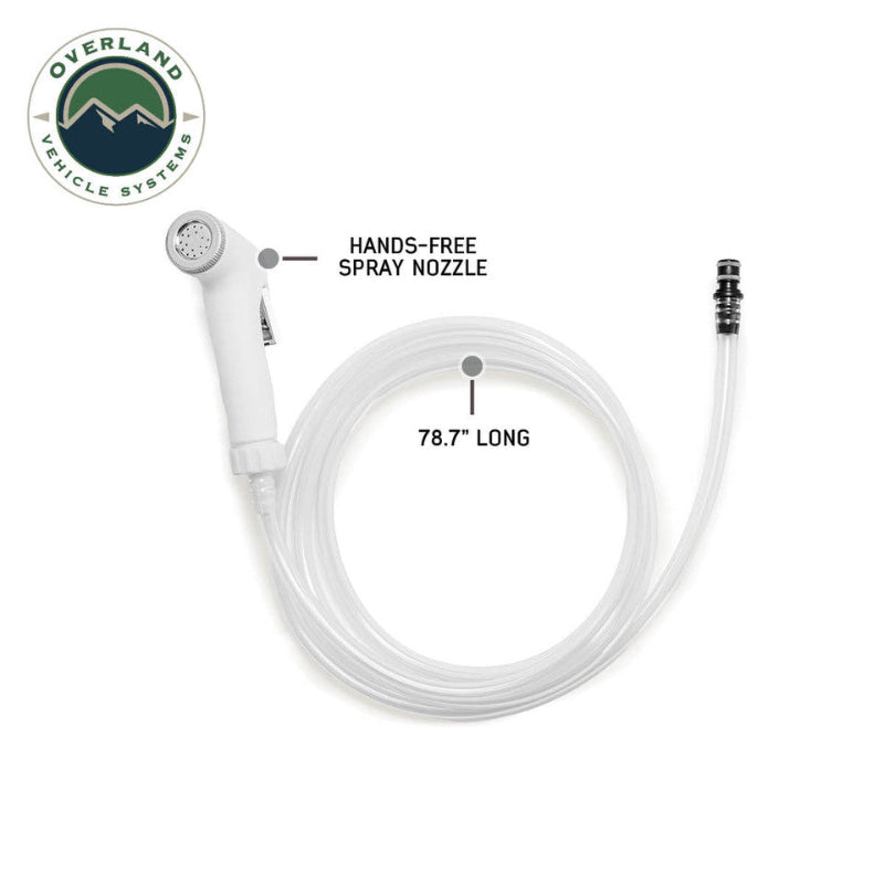 Image of Overland Vehicle Systems hands-free spray nozzle with 78.7-inch clear hose, white shower head and quick-connect fitting shown side view on white background