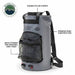 Image of Overland Vehicle Systems portable camp shower bag with rugged nylon straps, premium 500D gray construction and front mesh storage pocket, angled front and side view on white background