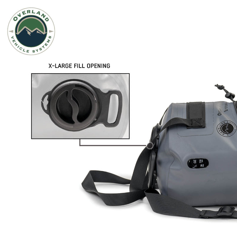 Image of Overland Vehicle Systems portable camp shower bag showing extra-large fill opening with close-up inset, gray waterproof body with carry straps shown side view on white background