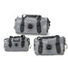 Image of three gray Overland Vehicle Systems IPX6 waterproof duffel bags of varying sizes (69 Quart, 42 Quart, and 58 Quart), each with black straps and the company logo, displayed on a white background.