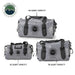 Image of three gray Overland Vehicle Systems IPX6 waterproof duffel bags, labeled with their capacities: 69 Quart, 42 Quart, and 58 Quart, displayed on a white background.