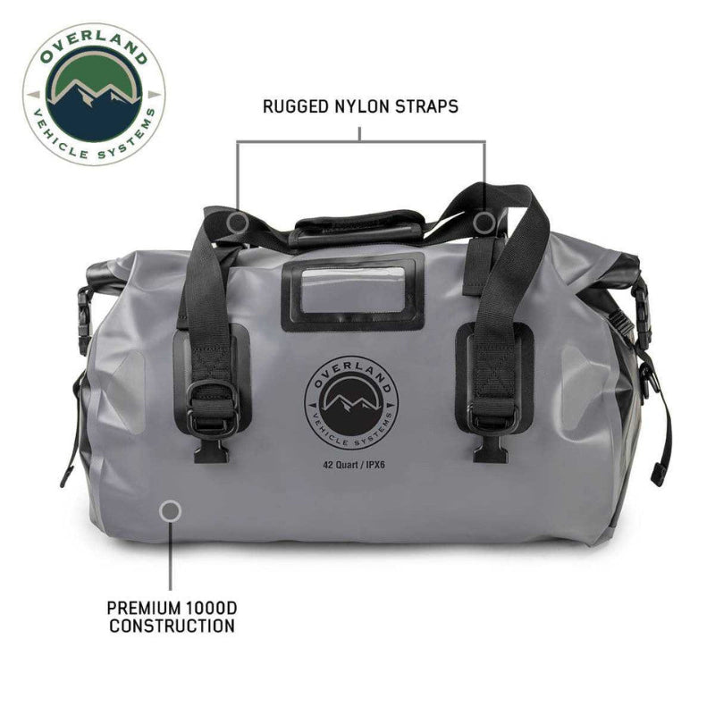 Image of a gray 42-quart Overland Vehicle Systems IPX6 waterproof duffel bag, highlighting its rugged nylon straps and premium 1000D construction.