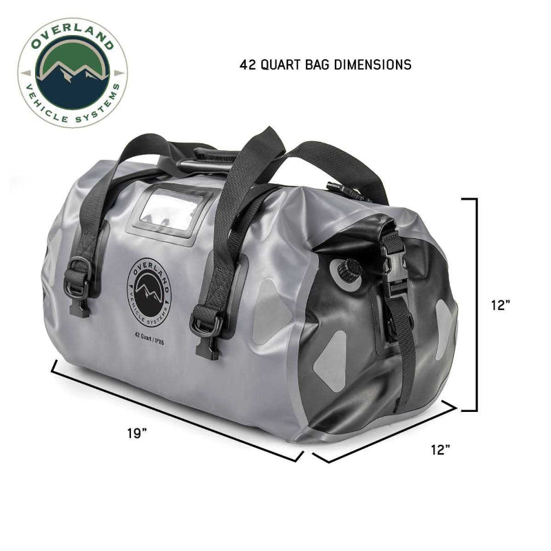Image of a gray and black 42-quart Overland Vehicle Systems IPX6 waterproof duffel bag, showing its dimensions as 19" long, 12" wide, and 12" high.