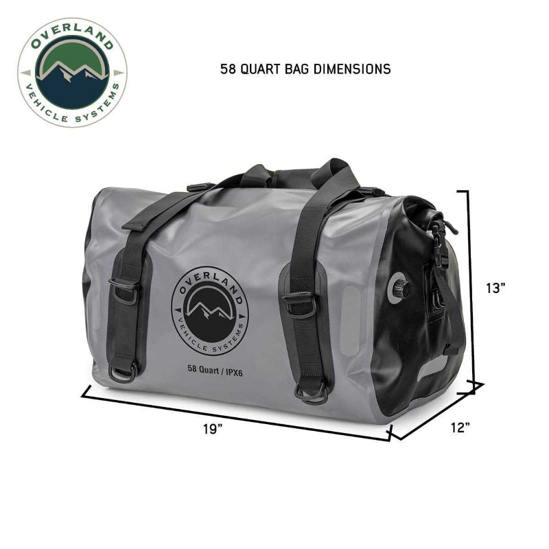 Image of a gray and black 58-quart Overland Vehicle Systems IPX6 waterproof duffel bag, showing its dimensions as 19" long, 12" wide, and 13" high.