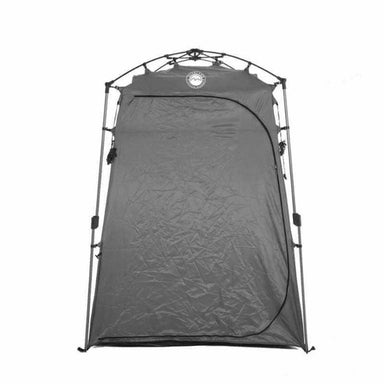 Image of a portable privacy shower tent fully assembled, dark gray fabric with zippered front door and collapsible frame, straight front view on white background.