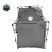 Image of a portable privacy shower tent fully assembled, dark gray fabric with zippered door and reinforced frame structure, straight front view on white background.